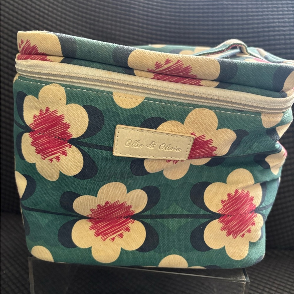 Floral Cosmetic Bag with Velcro Mirror - Teal and Pink